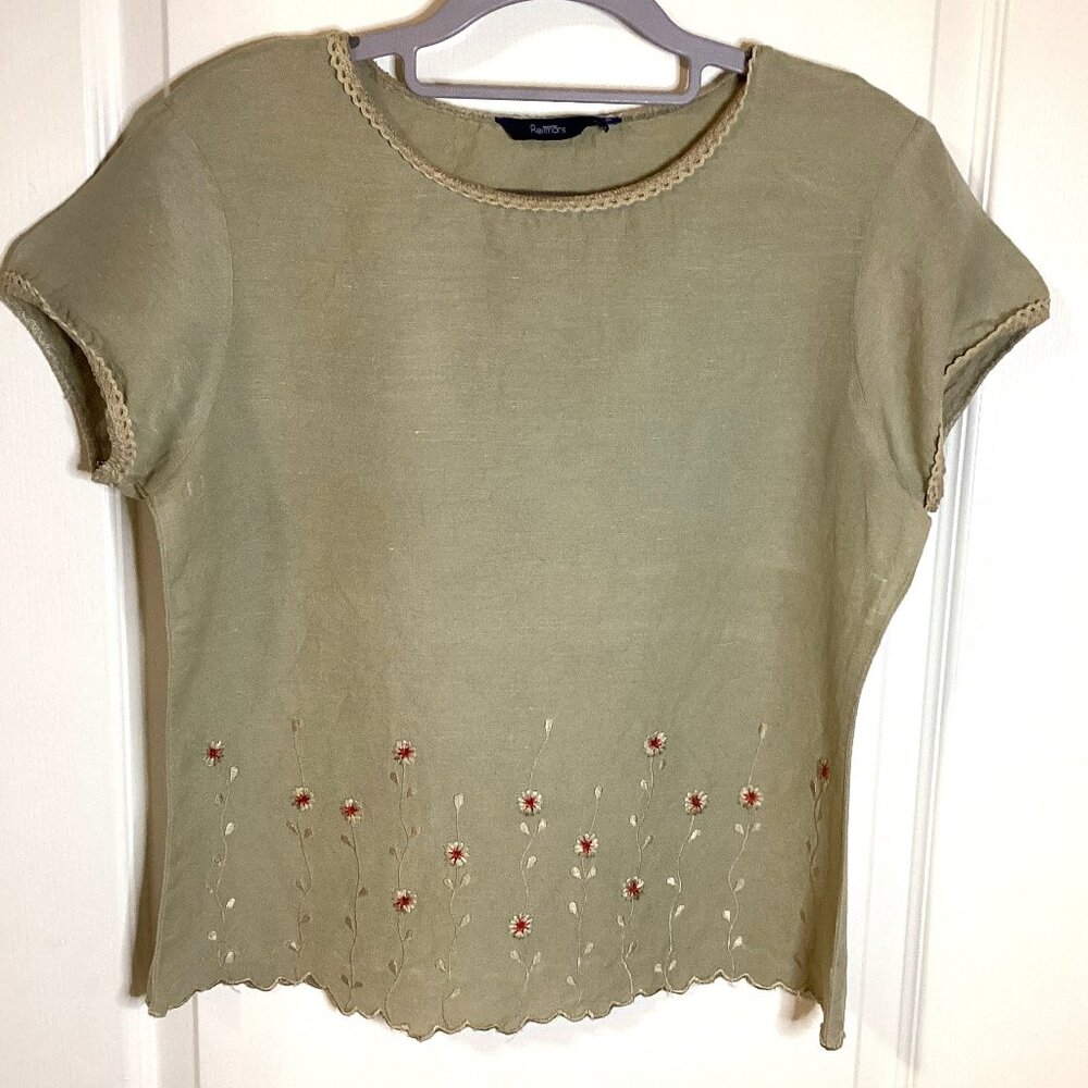 Reitman's Women's Size S Floral Embroidered Linen Blend Blouse Brown Lace Trim